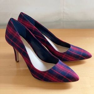 BCBG Gaminkha Red and Navy Plaid Pumps NWOT